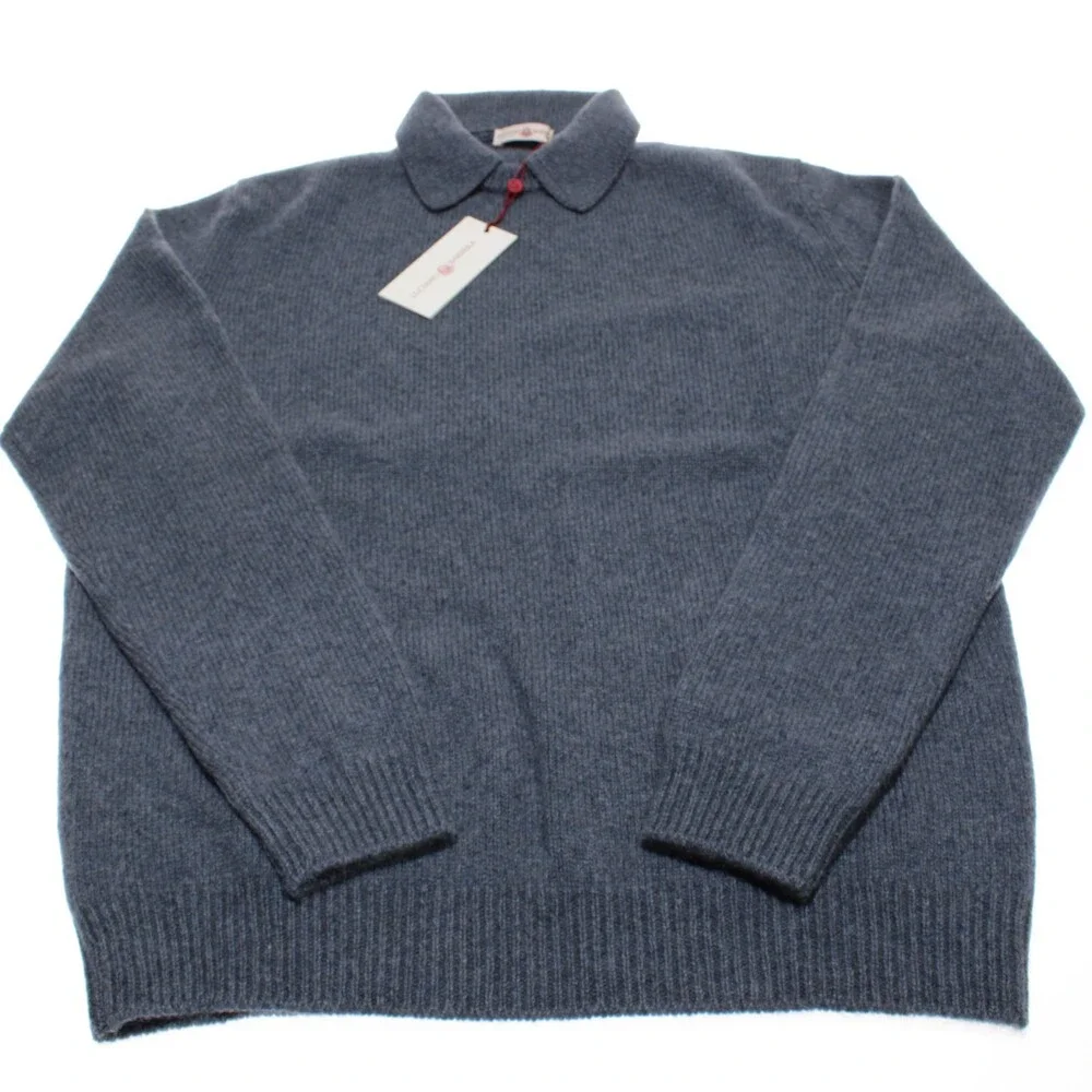 Luciano Barbera NWT Collared Knit Sweater Size 52 (US L) in Blue 100% Cashmere